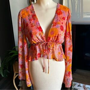 Wild Fable Orange and Pink Bell Sleeve Tie Front Top (Flower Power printed)